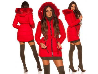 Dámská dlouhá zimní bunda s páskem Aggy červená