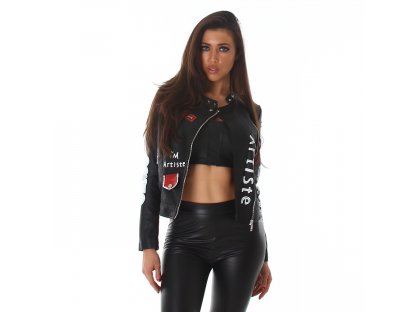 Dámská koženková biker bunda s nášivkami černá