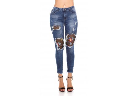 Dámské skinny džíny s květinovou výšivkou a piercingy