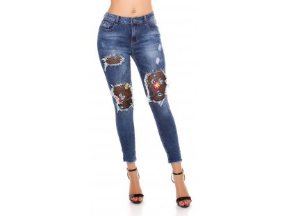 Dámské skinny džíny s květinovou výšivkou a piercingy