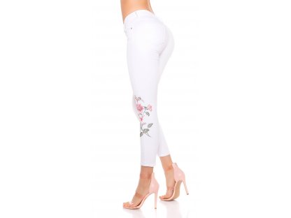 Dámské skinny džíny s květinovou výšivkou bílé