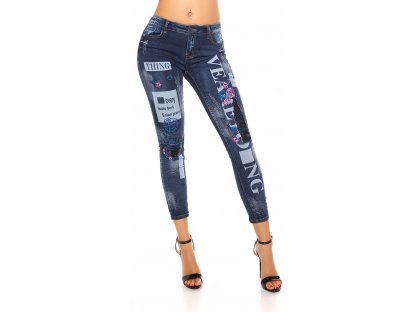 Dámské skinny džíny s potiskem a květinovou výšivkou