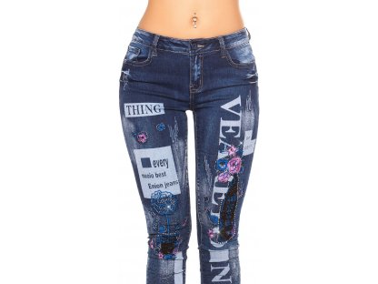 Dámské skinny džíny s potiskem a květinovou výšivkou