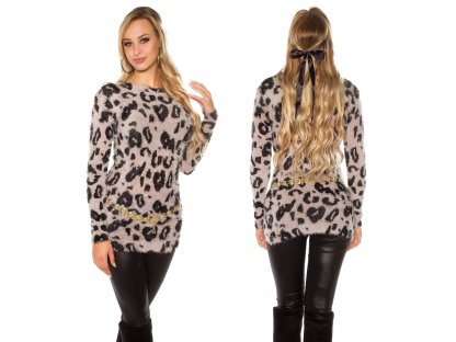 Dámský chlupatý dlouhý svetr s leopardím motivem béžový
