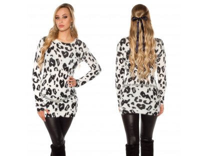 Dámský chlupatý dlouhý svetr s leopardím motivem bílý