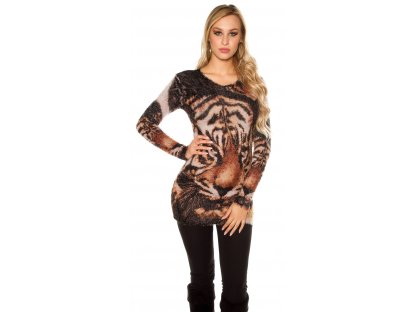 Dámský chlupatý dlouhý svetr s tygřím motivem béžový