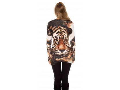 Dámský chlupatý dlouhý svetr s tygřím motivem bílý