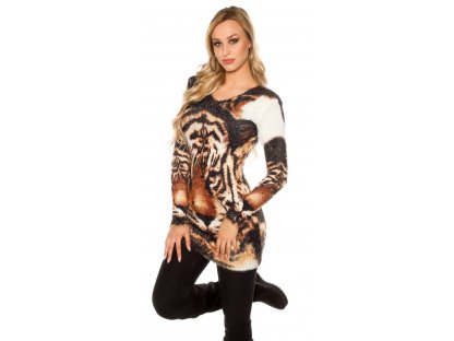 Dámský chlupatý dlouhý svetr s tygřím motivem bílý