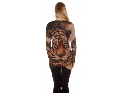 Dámský chlupatý dlouhý svetr s tygřím motivem cappuccino