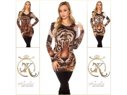Dámský chlupatý dlouhý svetr s tygřím motivem cappuccino