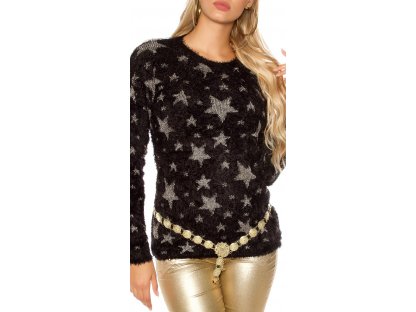 Dámský chlupatý svetr s hvězdami černý