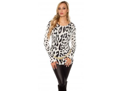 Dámský chlupatý svetr s leopardím vzorem bílý