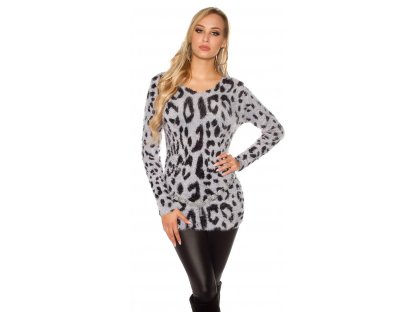 Dámský chlupatý svetr s leopardím vzorem šedý