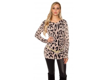 Dámský chlupatý svetr s leopardím vzorem tmavošedý