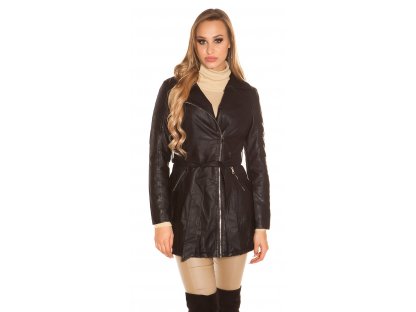 Dámský koženkový kabát s kožešinou černý