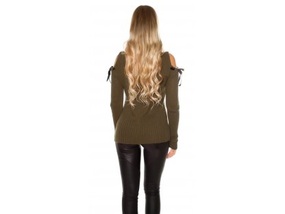 Dámský mohérový svetr s výkroji na ramenou khaki