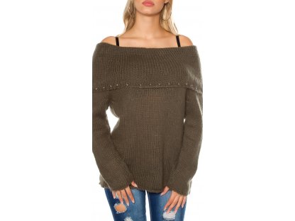 Dámský mohérový svetr s výstřihem carmen khaki