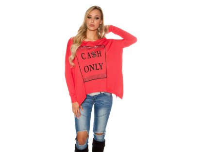 Dámský oversize svetr s nápisem "Cash only" Koucla korálový
