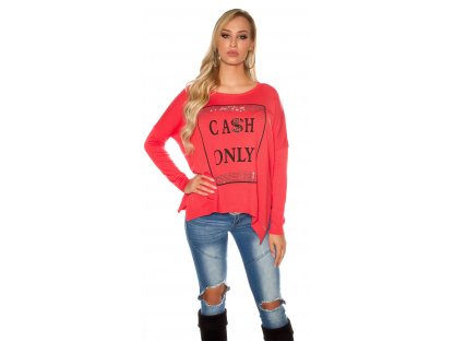 Dámský oversize svetr s nápisem "Cash only" Koucla korálový