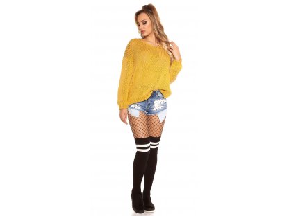 Dámský oversize svetr s výstřihem do V Koucla hořčicově žlutý