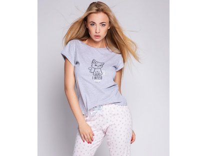 Dlouhé pyžamo s kočkou Sheryll šedé/růžové