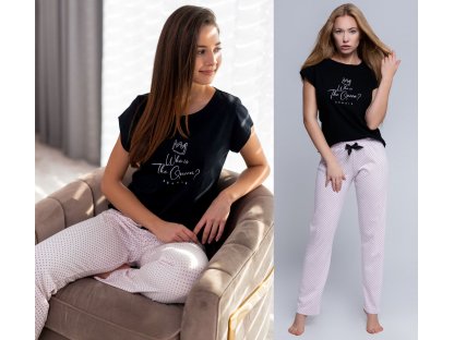 Dlouhé pyžamo s puntíky Alannah černé/růžové