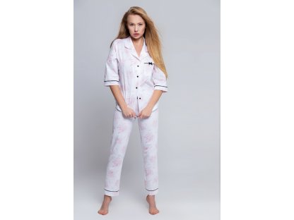 Dlouhé pyžamo v košilovém vzhledu Shirley bílé/růžové
