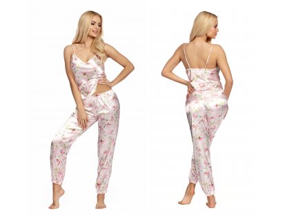 Dlouhé saténové pyžamo se vzory Pippa růžové