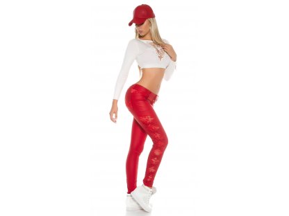 Kalhoty v koženém vzhledu s krajkou Červené