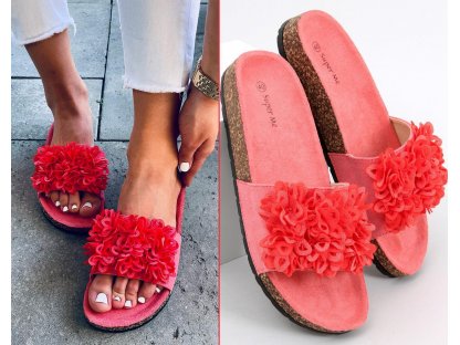 Korkové pantofle s květinami Anima korálové