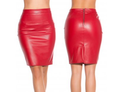 Koženková pouzdrová sukně do pasu červená