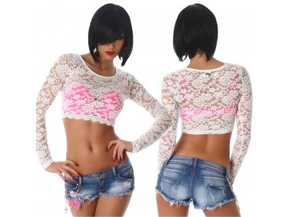 Krajkový crop top s dlouhým rukávem Bílý