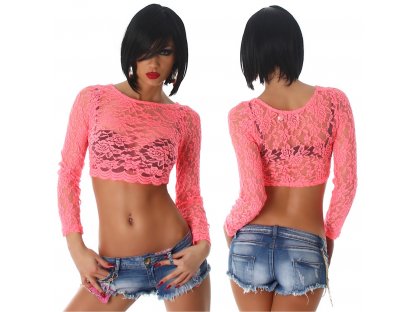 Krajkový crop top s dlouhým rukávem Světle meruňkový