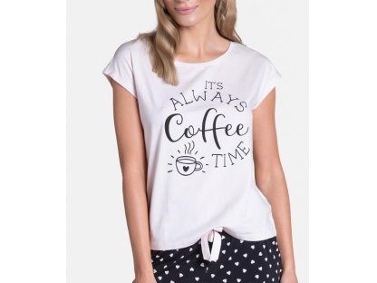 Krátké pyžamo COFFEE se srdíčky Pollie ecru/černé
