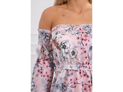 Květované mini šaty s výstřihem carmen Dawn pudrově růžové