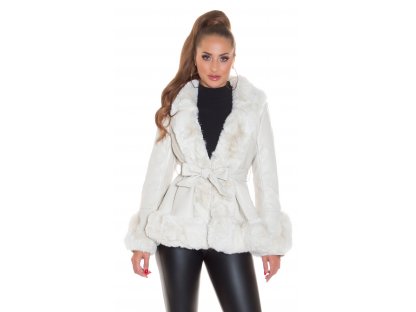 Luxusní zimní koženková bunda s kožešinou Cher béžová