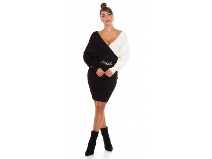 Pletené šaty s ozdobnou sponou Les černé/bílé