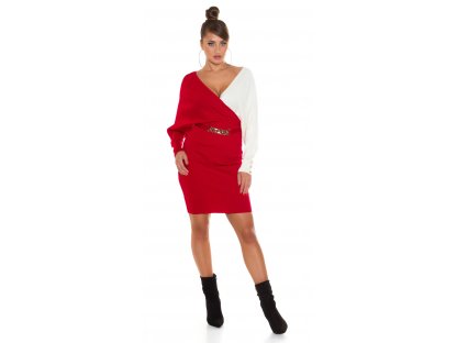 Pletené šaty s ozdobnou sponou Les červené/bílé