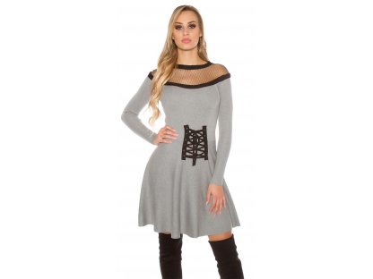 Pletené šaty v korzetovém vzhledu se síťovinou Koucla šedé