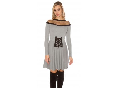 Pletené šaty v korzetovém vzhledu se síťovinou Koucla šedé