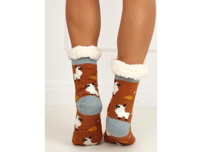 Ponožky s ovečkami zateplené beránkem Linda světle hnědé