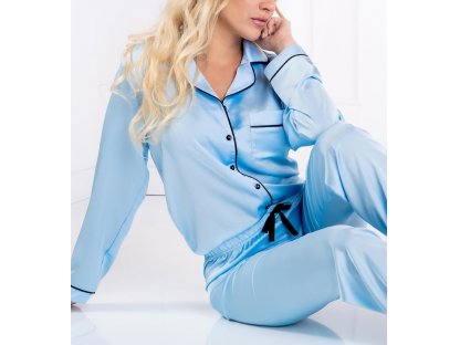 Saténové pyžamo košilového vzhledu Saundra modré