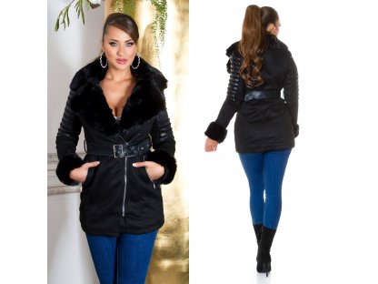 Zimní kabát s koženkou a kožíškem Cyan černý