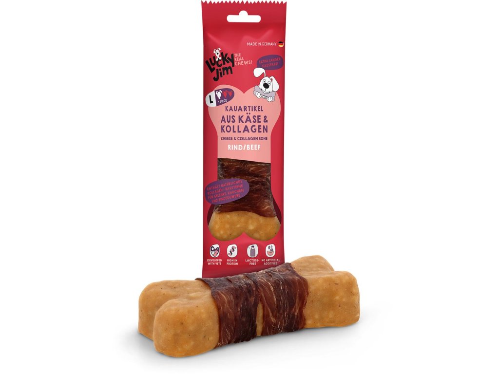 Lucky Jim Käse & Kollagen Sýrová kost s kolagenem – Hovězí L 120 g