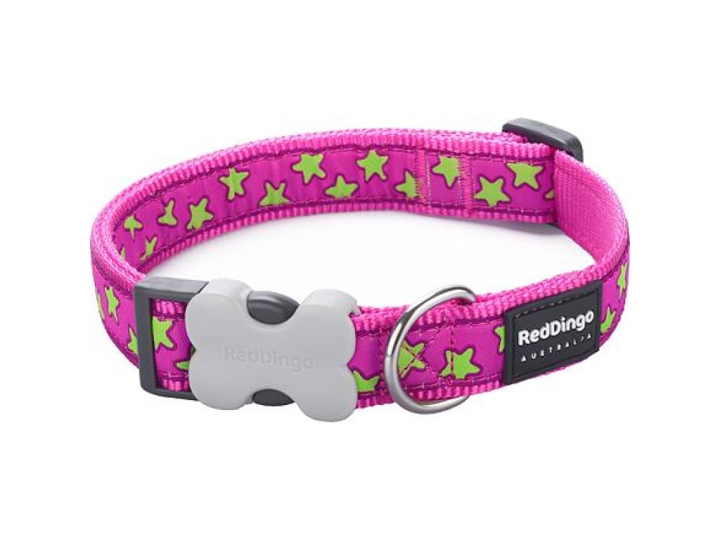 Obojek RD 15 mm x 24-36 cm - Stars Lime on Hot Pink