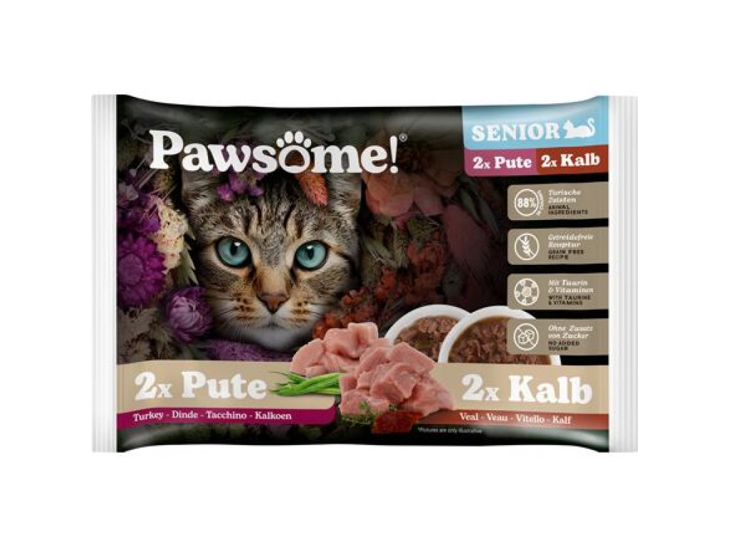 Pawsome! Senior s telecím/ s krůtím masem Multipack 4x85 g