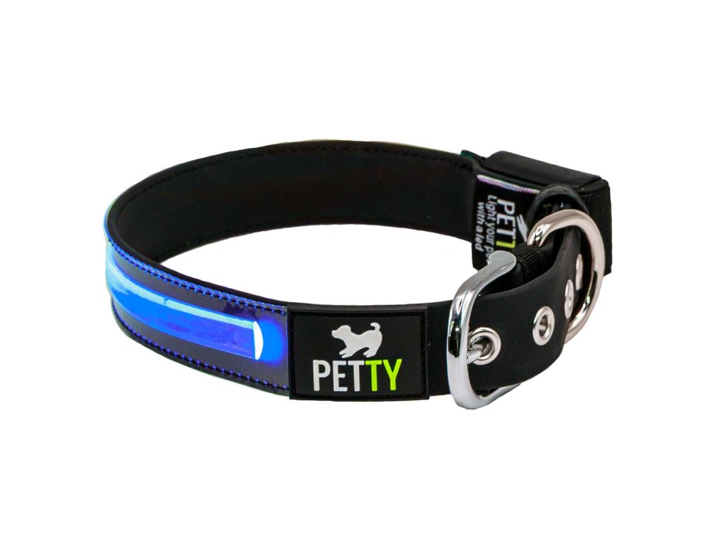 Pettyitalia svítící obojek Biothane s modrým LED světlem – 30 mm x 46-52 cm