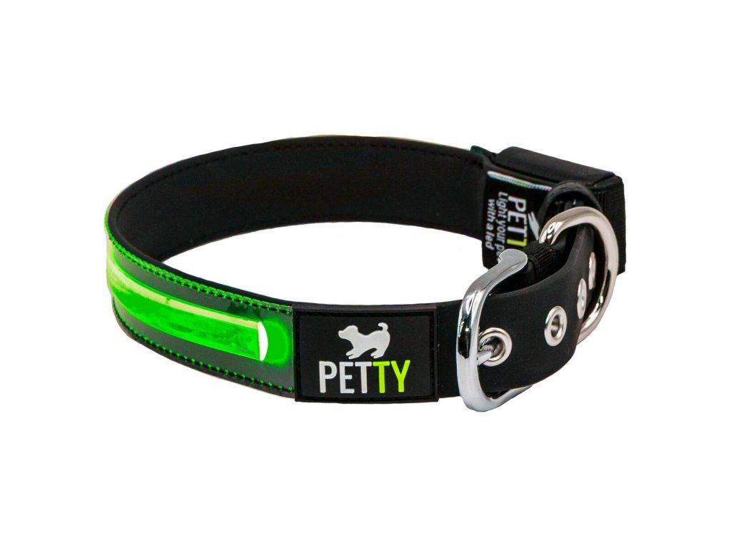 Pettyitalia svítící obojek Biothane se zeleným LED světlem – 30 mm x 46-52 cm