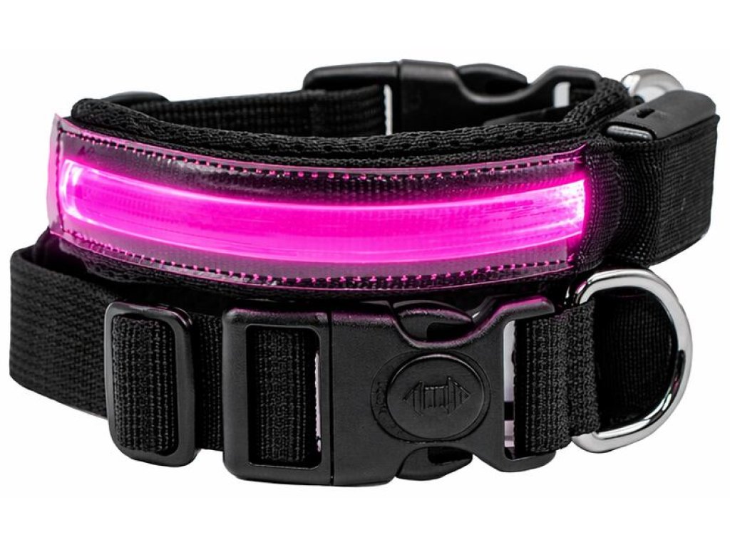Pettyitalia svítící obojek Nylon s růžovým LED světlem – 25 mm x 50-55 cm