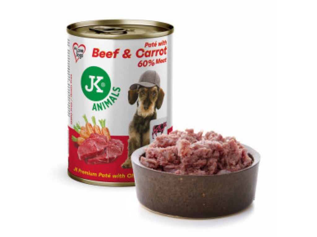 JK Premium Beef & Carrot, Paté with Chunks, 60 % Meat, prémiová konzerva pre psov, 400 g